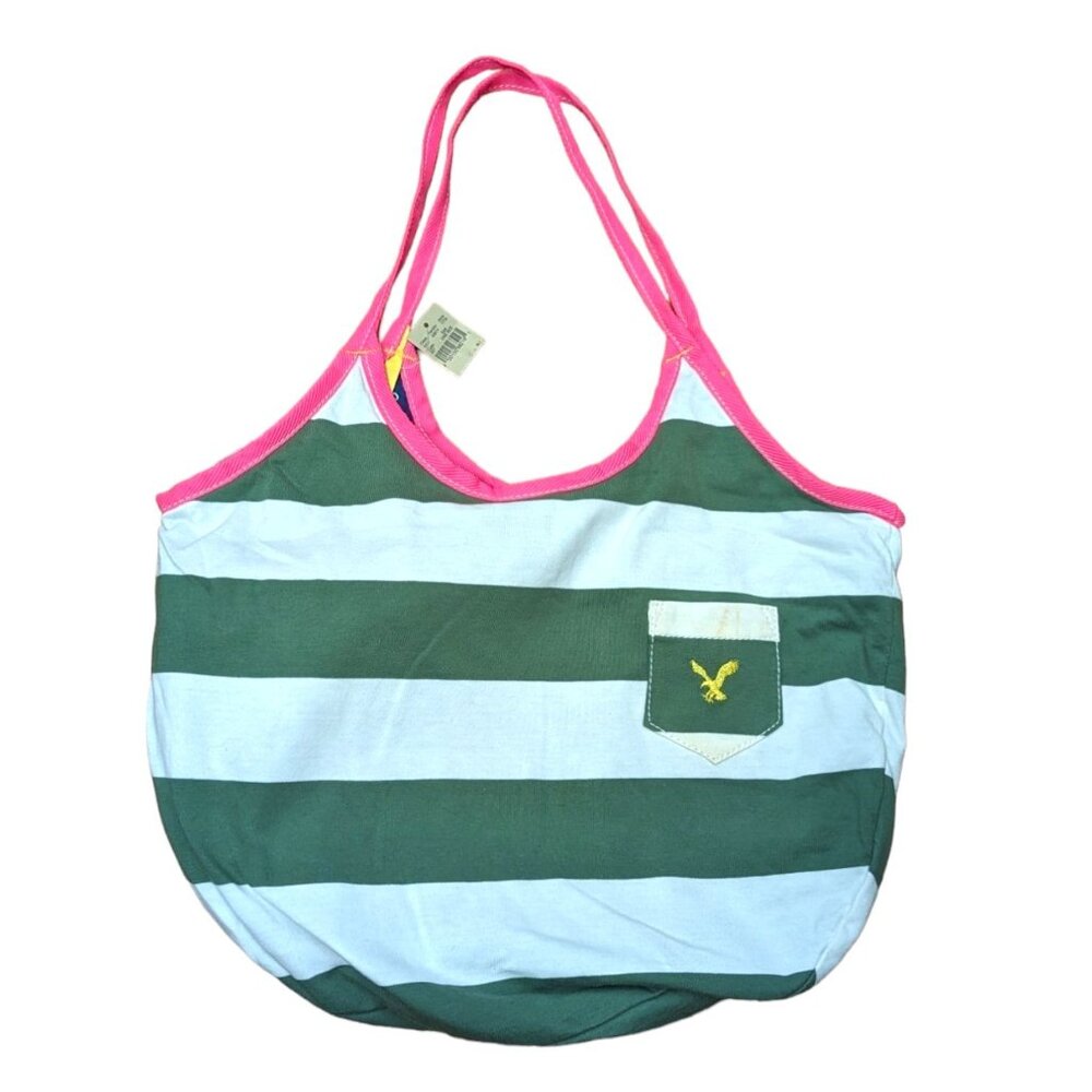 Vintage Y2K American Eagle AEO White Green Striped Summer Beach Bag Hobo